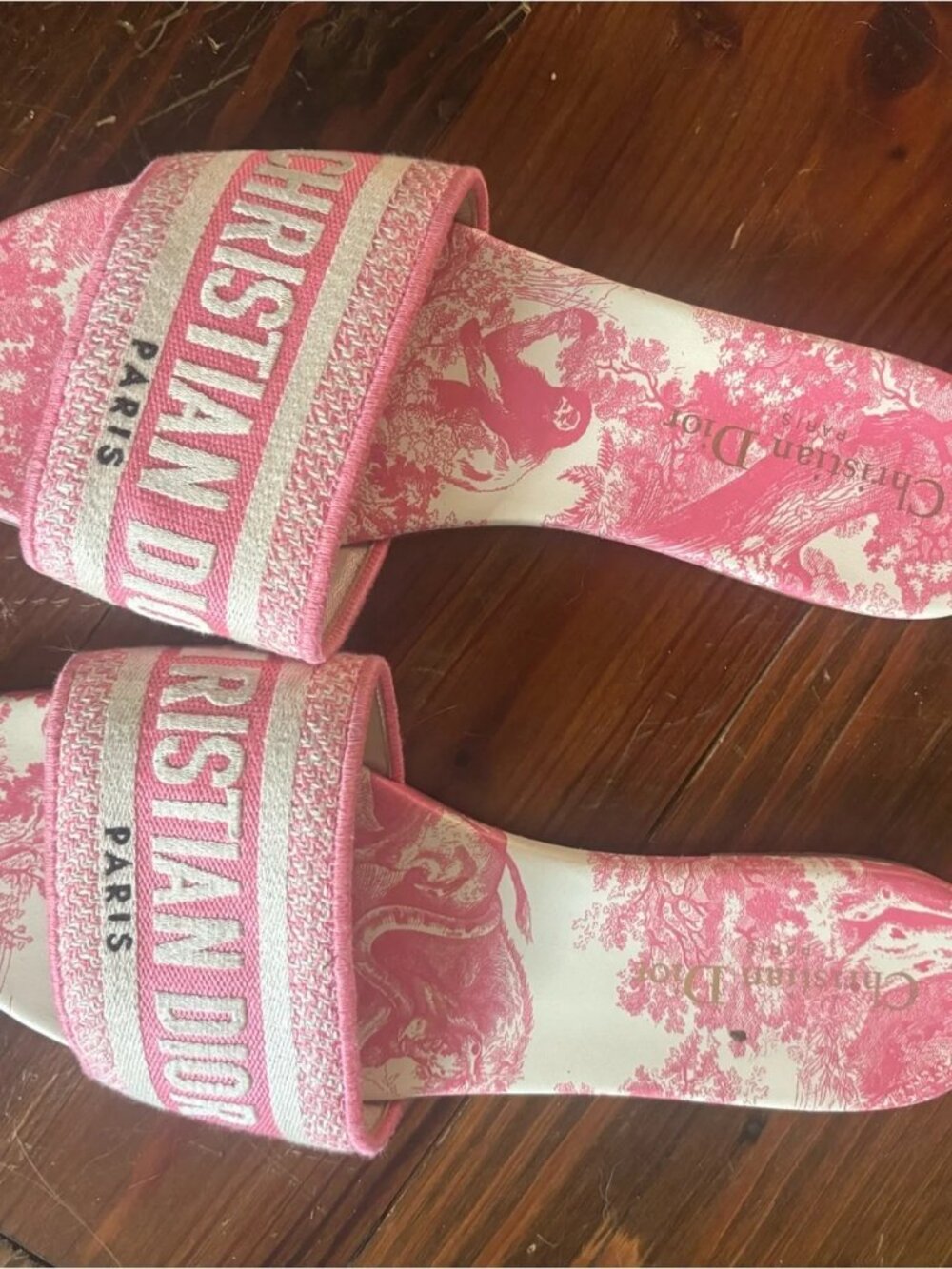 Christian Dior Pink Toile De Jouy Printed Logo Strap Slip On Slide Sandals
